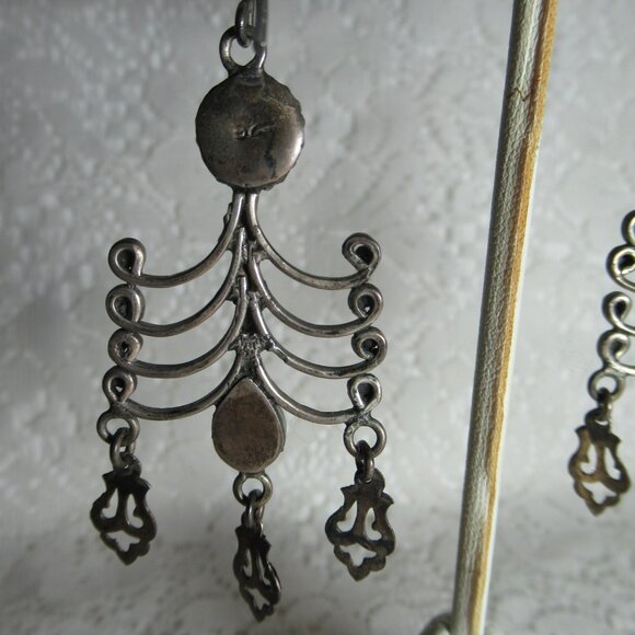 Vintage Sterling Silver 925 Garnet Dangle Earrings Boho Ethnic Tribal Cabochon - Picture 10 of 16